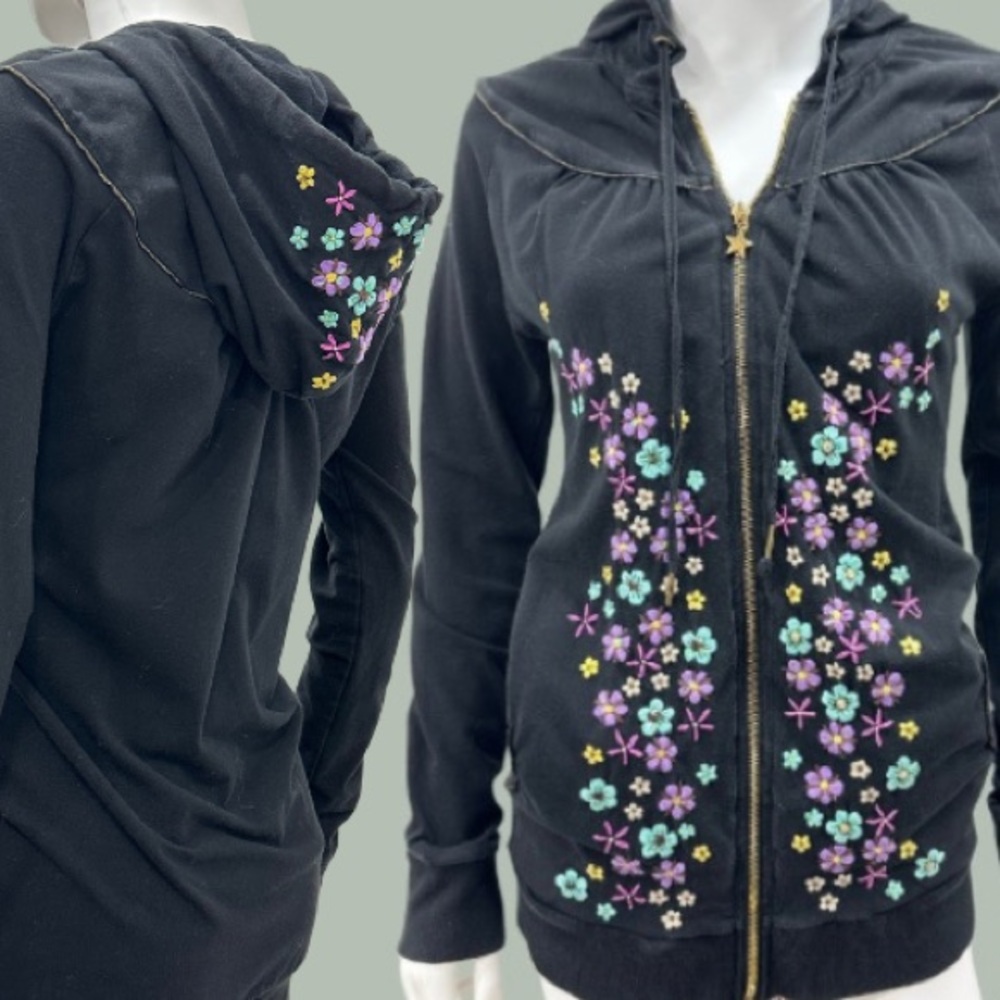 Vintage Soul Revival Colorful Floral Embroidery Zip Up Hooded Sweatshirt
